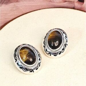 Vintage Taxco Mexico Sterling Silver Tigers Eye Clip-On Earrings